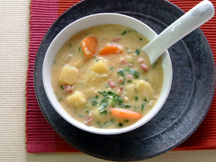 Photo of Corn Chowder: a quick microwave chowder recipe provided with nutrition facts for one of the most popular chowder bowls.