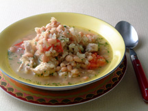 Photo of Chicken & Lima Beans Soup: a quick microwave soup recipe provided with nutrition facts for a high fiber soup bowl.