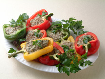 Photo of Stuffed Bell Peppers: a quick microwave meat recipe provided with nutrition facts for a pork entree.