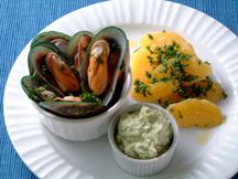 Photo of Steamed Mussels with Avocado Dipping Sauce: a quick microwave seafood recipe provided with nutrition facts for Mussels