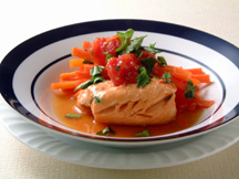 Photo of Salmon with Tomato and Soy Sauce: a quick microwave seafood recipe provided with nutrition facts for salmon