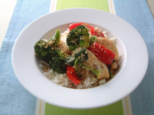 Photo of Cod rice bowl (donburi) with teriyaki sauce: a quick microwave recipe provided with nutrition facts for a seafood rice bowl