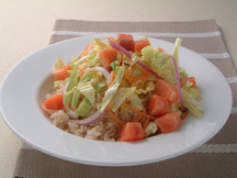 Photo of Salmon brown rice bowl (donburi): a quick microwave recipe provided with nutrition facts for a seafood rice bowl