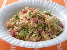 Photo of Ham and Lettuce rice bowl (donburi): a quick microwave recipe provided with nutrition facts for a heathful Japanese rice bowl of Ham and Lettuce