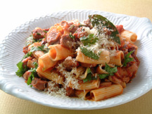 Photo of Pasta with Spicy Sausage & Tomato Sauce: a quick microwave recipe provided with nutrition facts for a spicy pasta dish