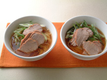Photo of Noodle Soup with Grilled Pork (a typical Japanese noodle soup): a quick microwave pasta recipe provided with nutrition facts for a Japanese noodle soup