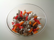 Photo of sliced mushrooms and bell peppers in a microwave-safe bowl