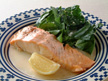 Image of Grilled Salmon with Spinach Salad: a quick microwave seafood recipe provided with nutrition facts for grilled salmon