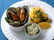 Image of Steamed Mussels with Avocado Dipping Sauce: a quick microwave seafood recipe provided with nutrition facts for Mussels