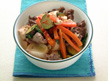 Image of Beef rice bowl (donburi) with teriyaki sauce: a quick microwave recipe provided with nutrition facts for beef sukiyaki, a Japanese rice bowl