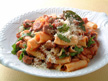 Image of Pasta with Spicy Sausage & Tomato Sauce: a quick microwave recipe provided with nutrition facts for a spicy pasta dish