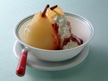 Image of Pear Compote and Ice Cream with Bavarian Sauce: a microwave dessert recipe provided nutrition facts for a homemade after-dinner compote dessert